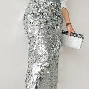 Silver Sequin Midi Skirt